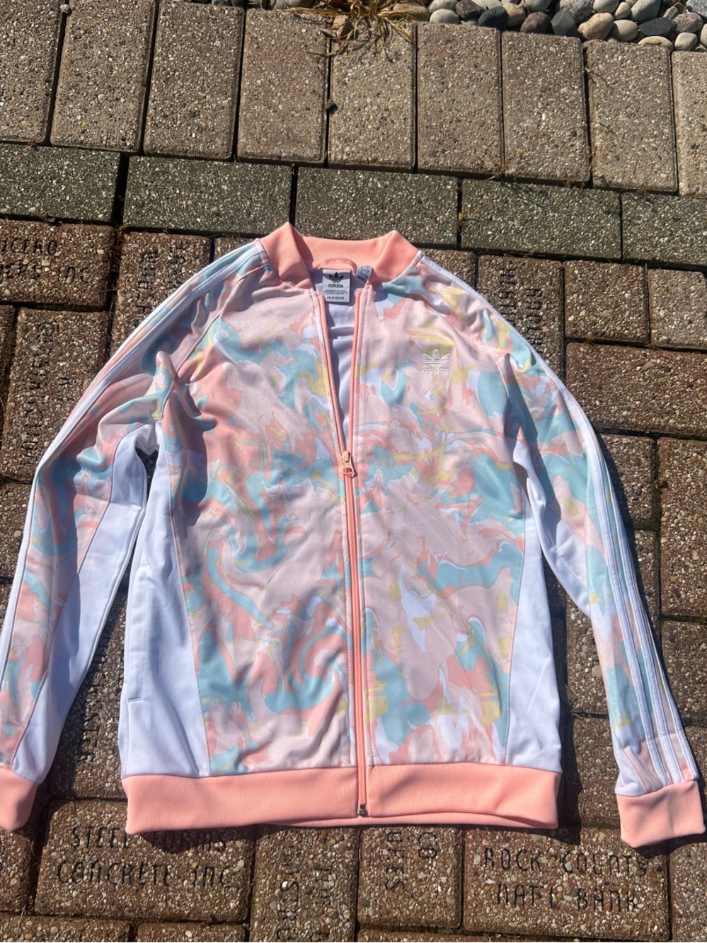 NWOT!adidas Pastel Swirl Varsity Jacket in Pink, Blue & Yellow